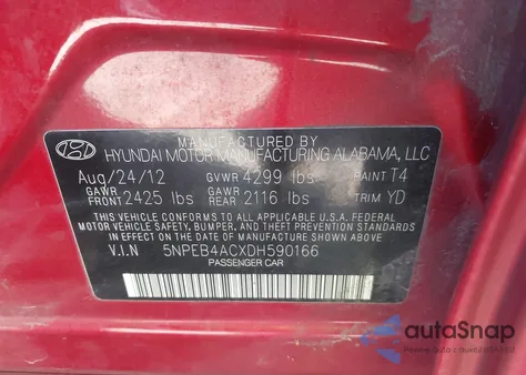 2013 Hyundai Sonata Gls z USA, uszkodzony, nr VIN 5NPEB4ACXDH590166